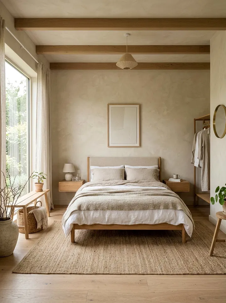 Warmly lit bedroom corner with a soft lamp and folded blanket in the evening