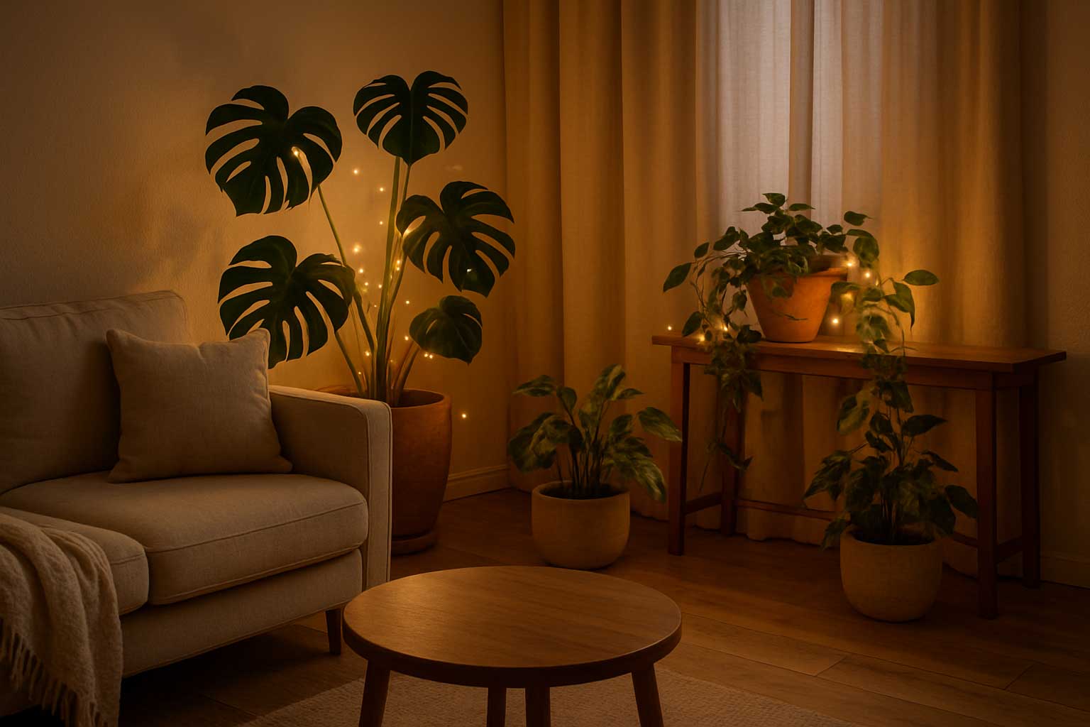 Calm room with a soft chair, plants and warm natural light for relaxation